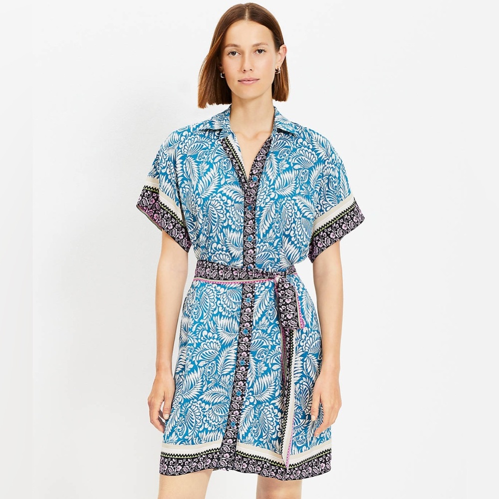 Loft Palm Collared Tropical Vacation Tie Waist Mini Dress